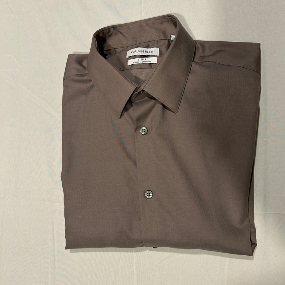 Calvin Klein Steel+ Button Down Dress Shirt Slim Fit Herringbone Cocoa Brown